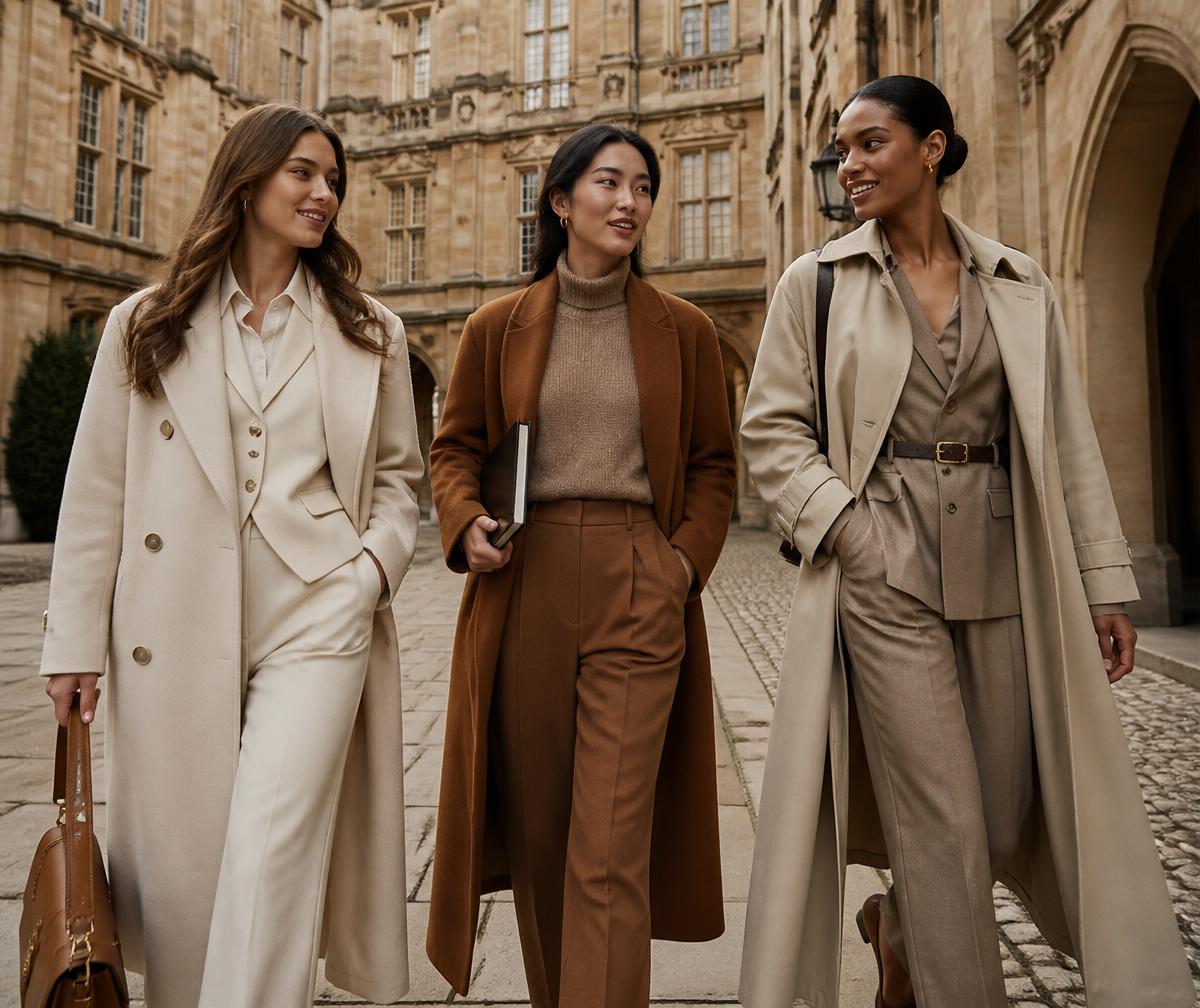 Three women in refined neutral tailoring walking through a university courtyard