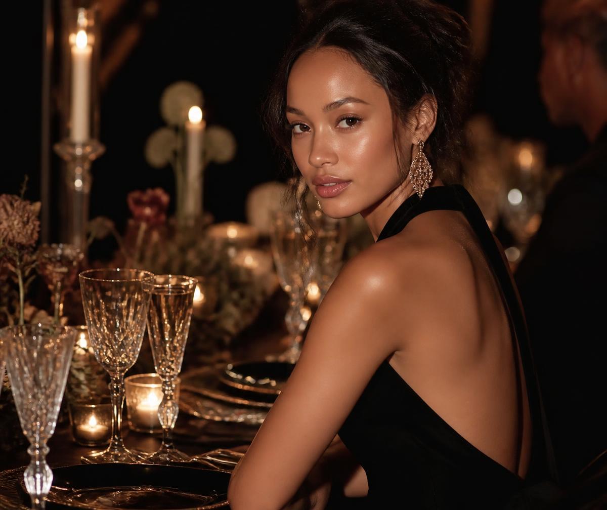 An elegantly dressed woman at a candlelit private dinner