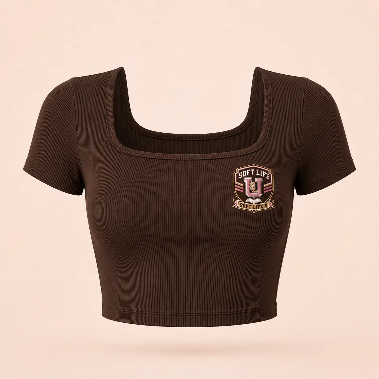 Ivory Soft Life U ribbed campus crop top with embroidered crest